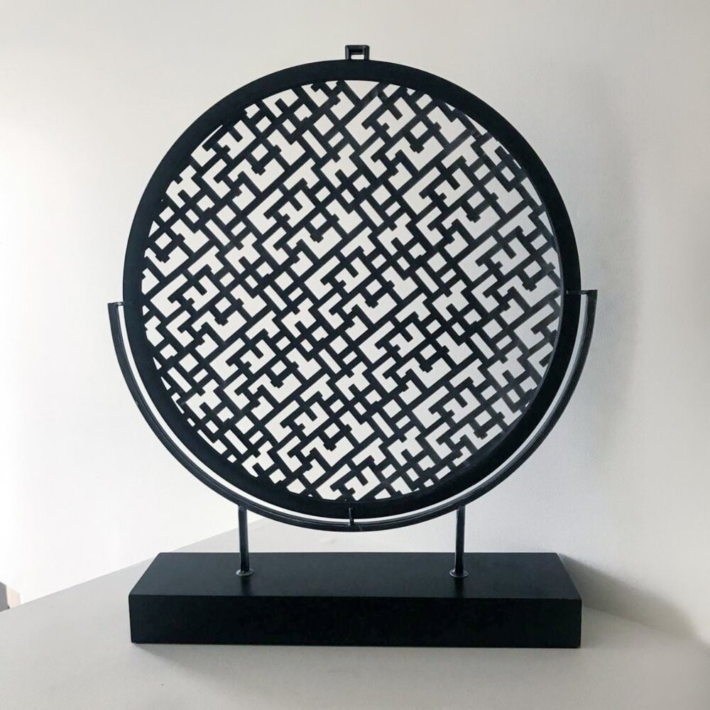 Oversized Decorative Platter on Stand – Black Geometric Shield Modern Sculpture